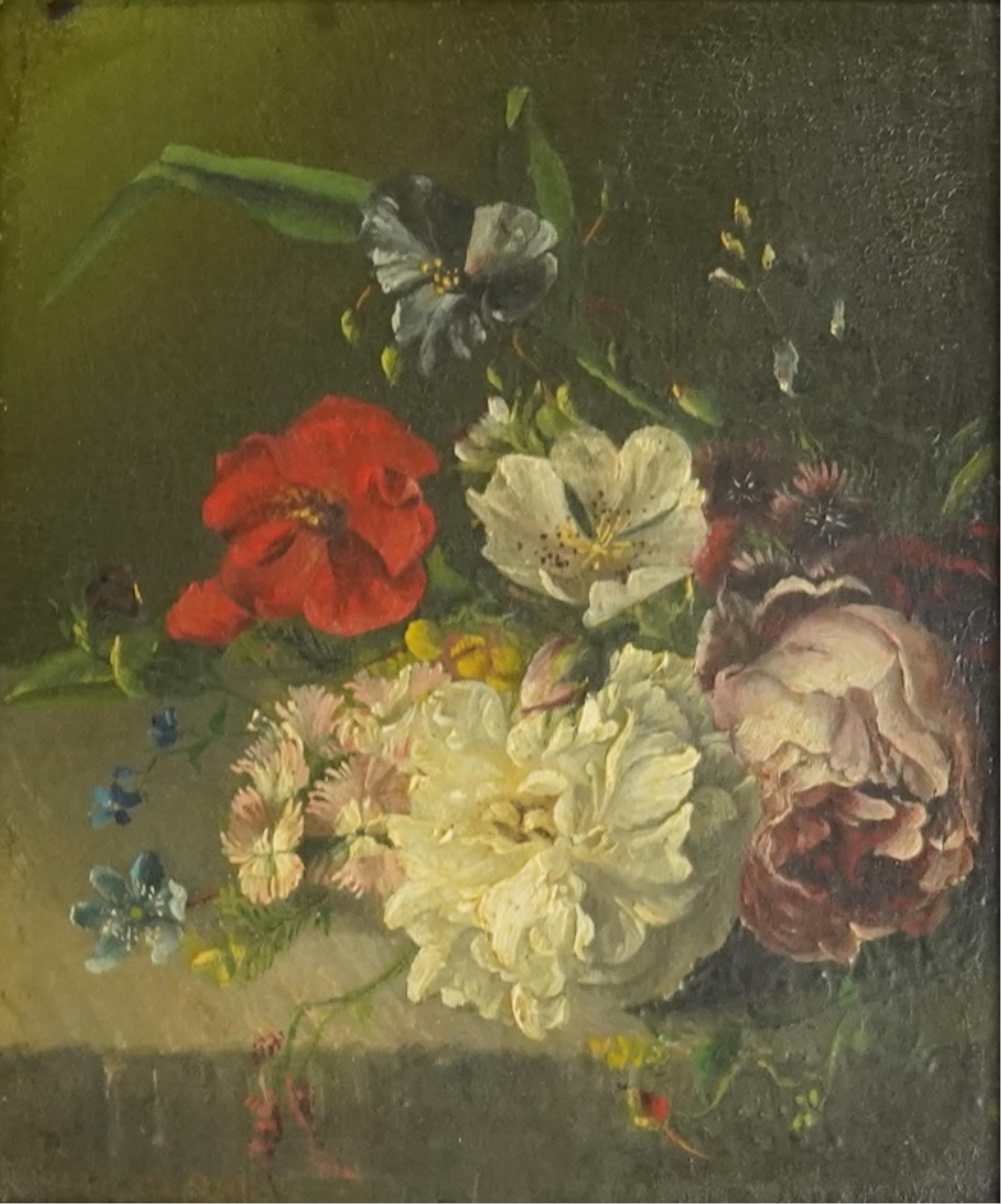 Dutch School c.1890 , Still life of flowers upon a ledge, oil on wooden panel, 12 x 10cm